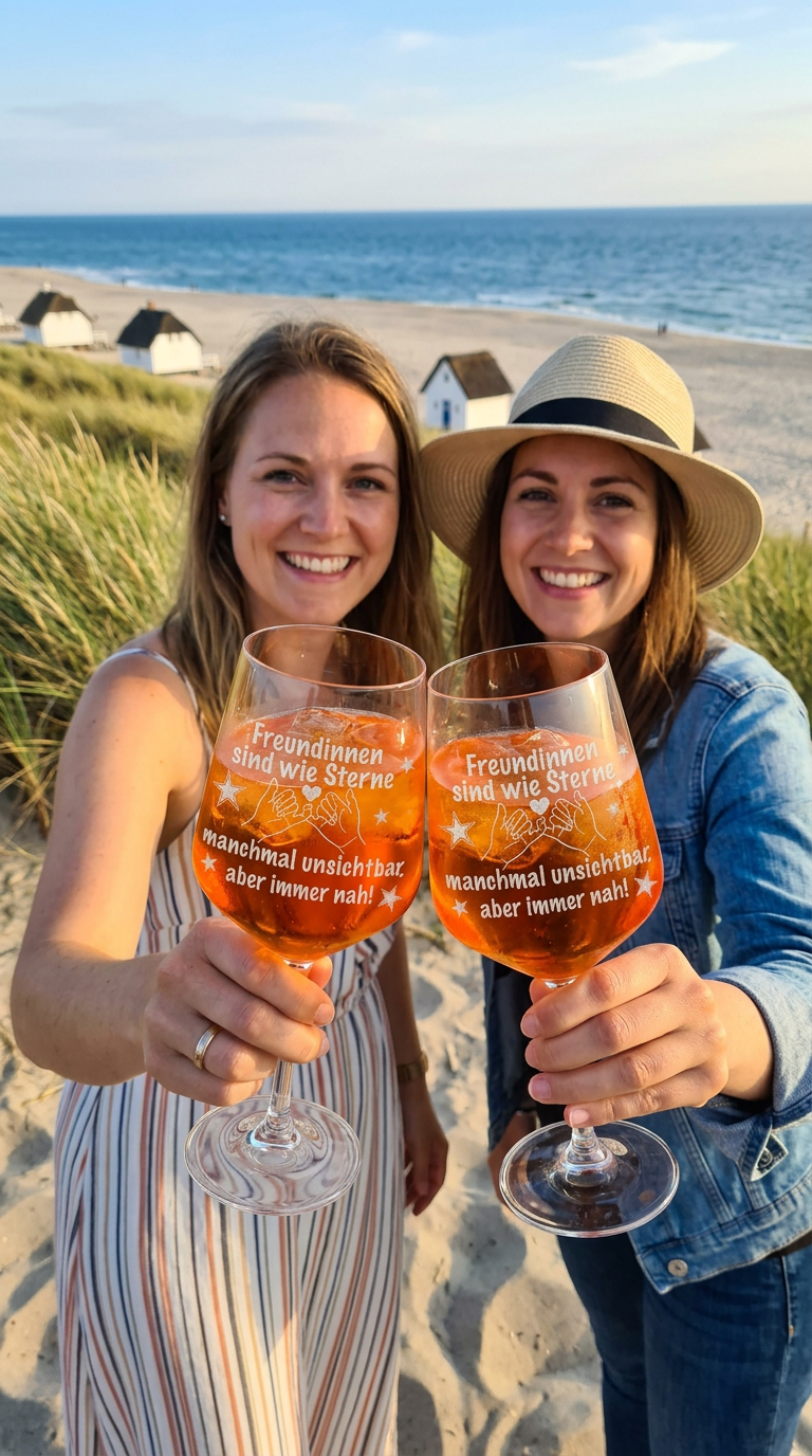Zwei Freundinnen stoßen am Strand mit personalisierten, gravierten Weingläsern an