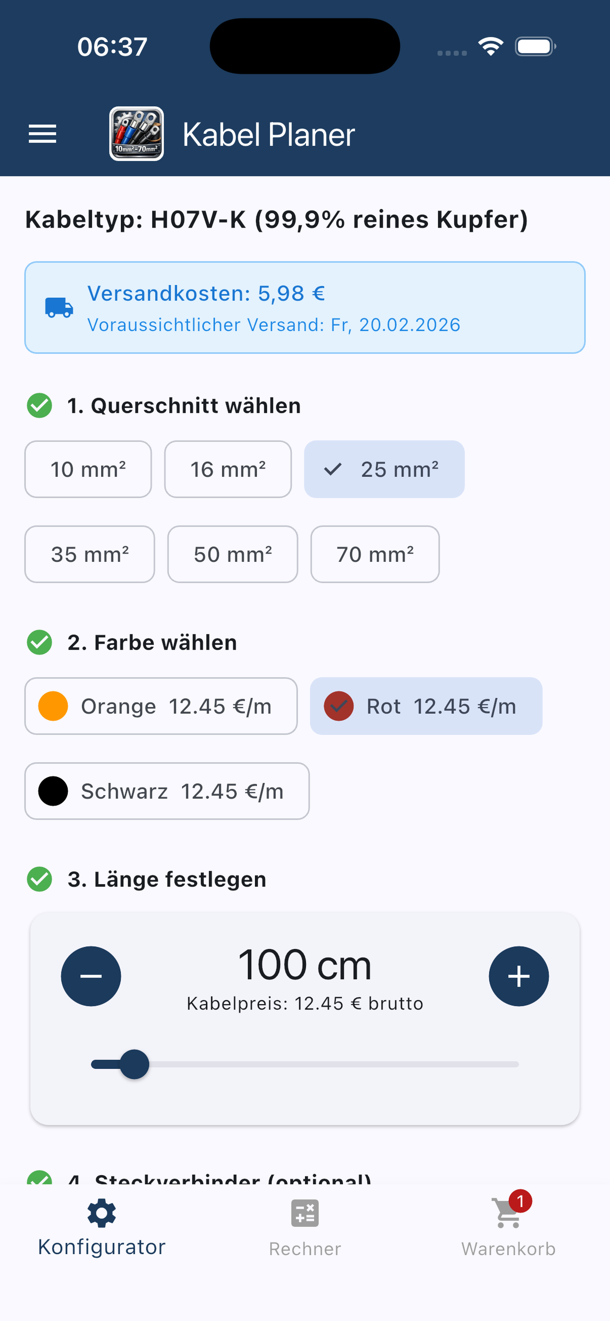Kabel Planer App – Konfigurator Ansicht