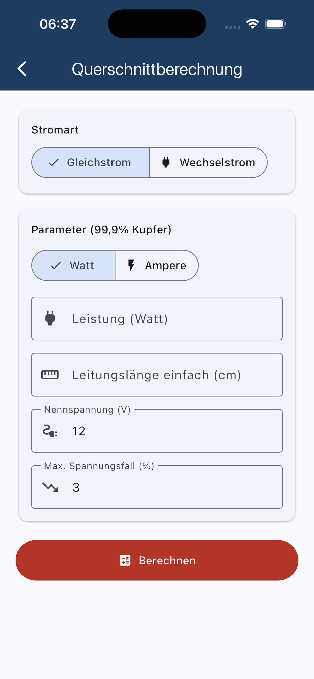 Querschnittsberechnung nach DIN VDE